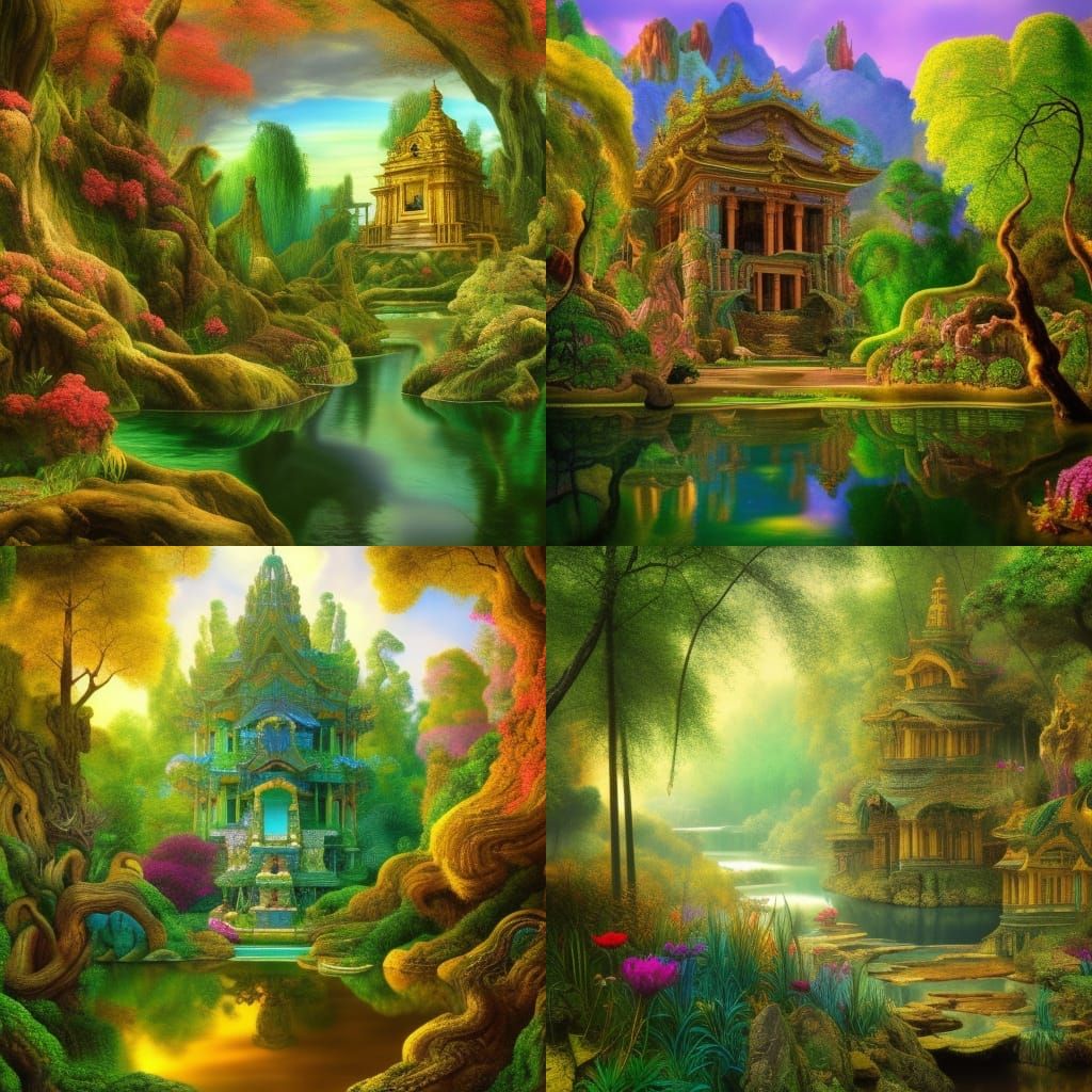 Surreal River Temple Entrance in Golden Light