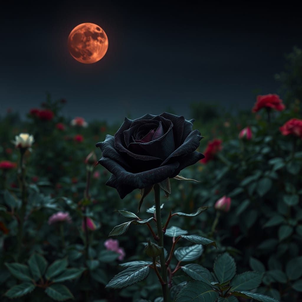 Black Rose in Magical Garden Under Blood Moon