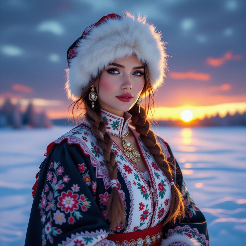 Russian Woman in Traditional Dress on Frozen Lake