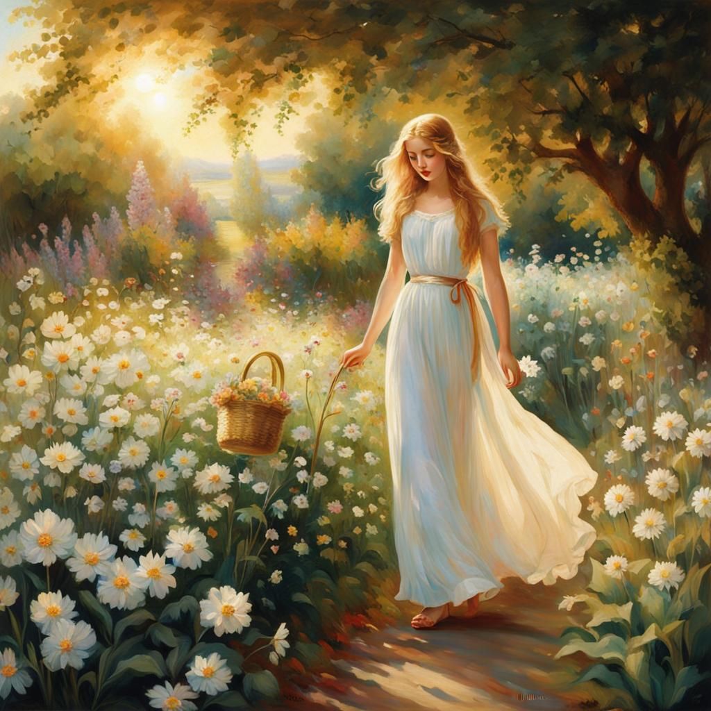 Elegant Lady Picking Flowers in Sunny Garden