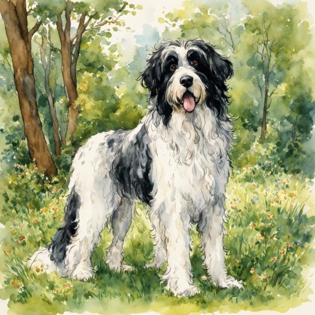 Black and White Pyrenean Mastiff in Fairytale Style