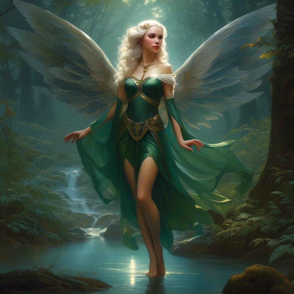 Elf Wades Through Stream Under Moonlight, Oil Painting