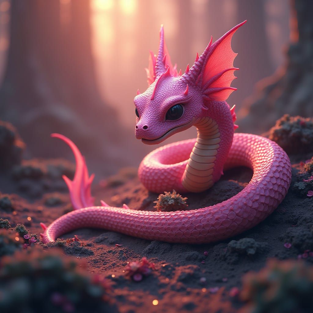 Cute Yet Sinister Pink Serpent in Dark Eerie Landscape