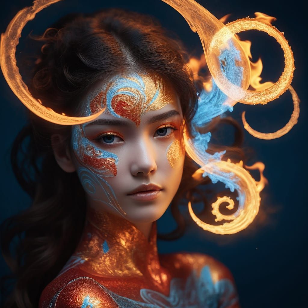 A delicate female, poised in balance, with half its body glowing icy blue (🩵💙) and etched with frosty patterns, while ...