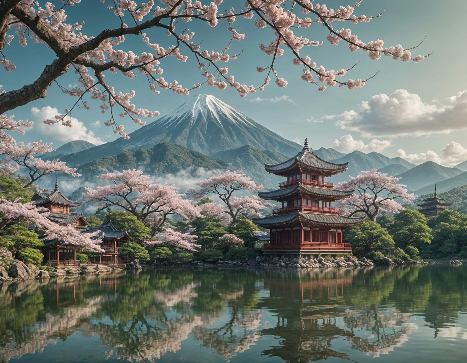 Sakura Tree by Lake with Japanese Temple, Digital Art