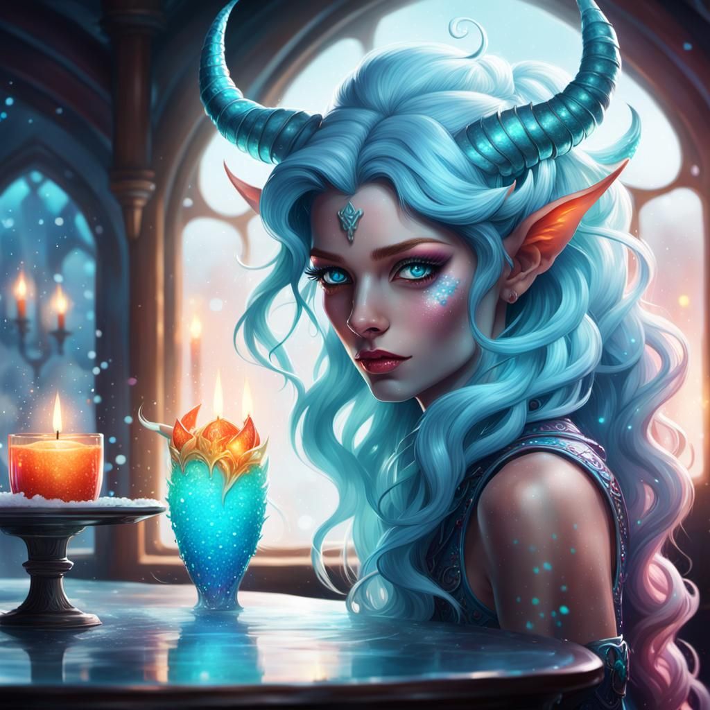 Snow Tiefling with Reflected Image, Fantasy Concept Art