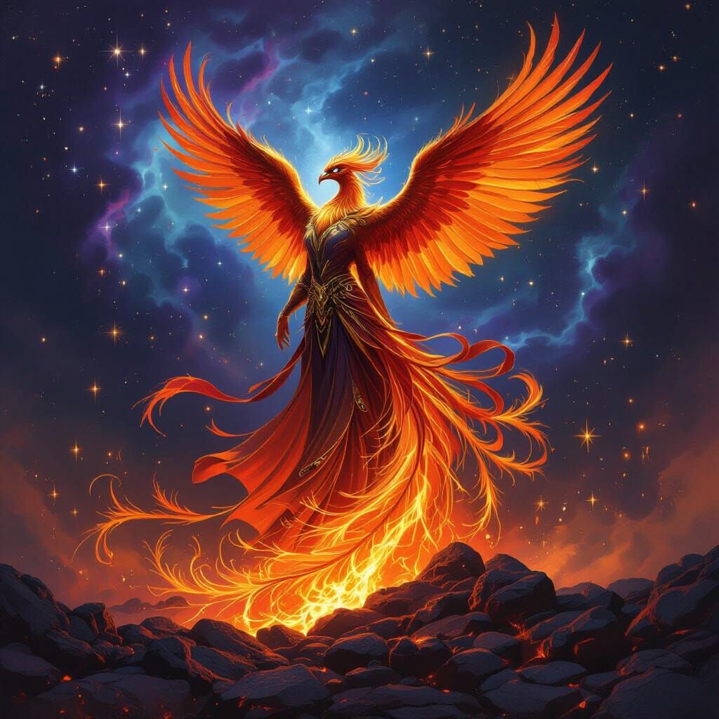 Phoenix Rises from Embers in Fiery Crimson and Gold