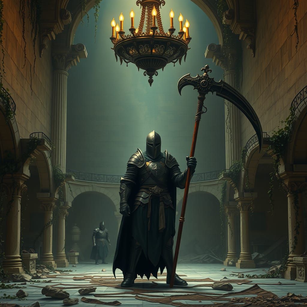 Knight with Scythe in Ruined Castle Hall