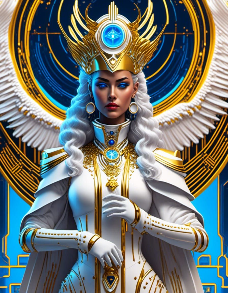 Vaporwave cyberpunk Tarot: The High Priestess, Majestic White, gold with blue Unreal Engine 5 8K resolution <lora:Murray...