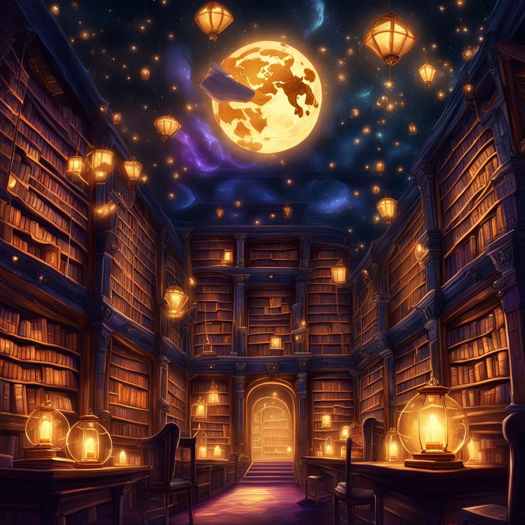 Magical Library Concept Art with Glowing Books