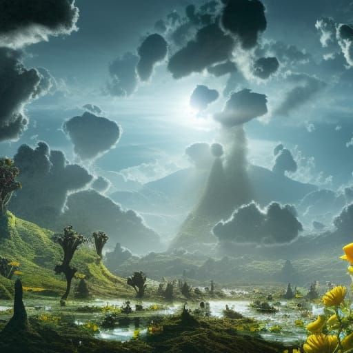 exo-planet with flora and living creatures