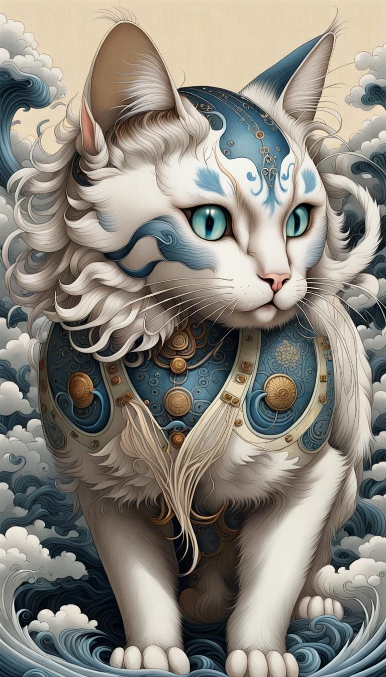 Refined Chinese Robotic Cat with Wings, Traditional Illustra...