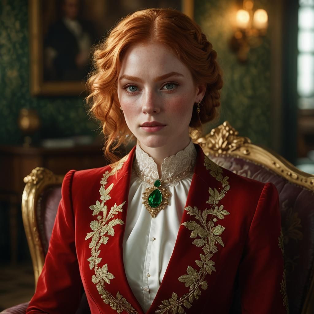 Elegant Ginger Woman Portrait in High-Society Setting