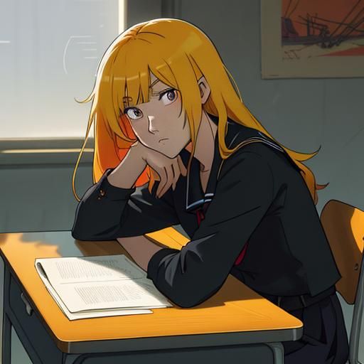 Lonely Girl in Class: Vibrant Cel-Shaded Anime Art