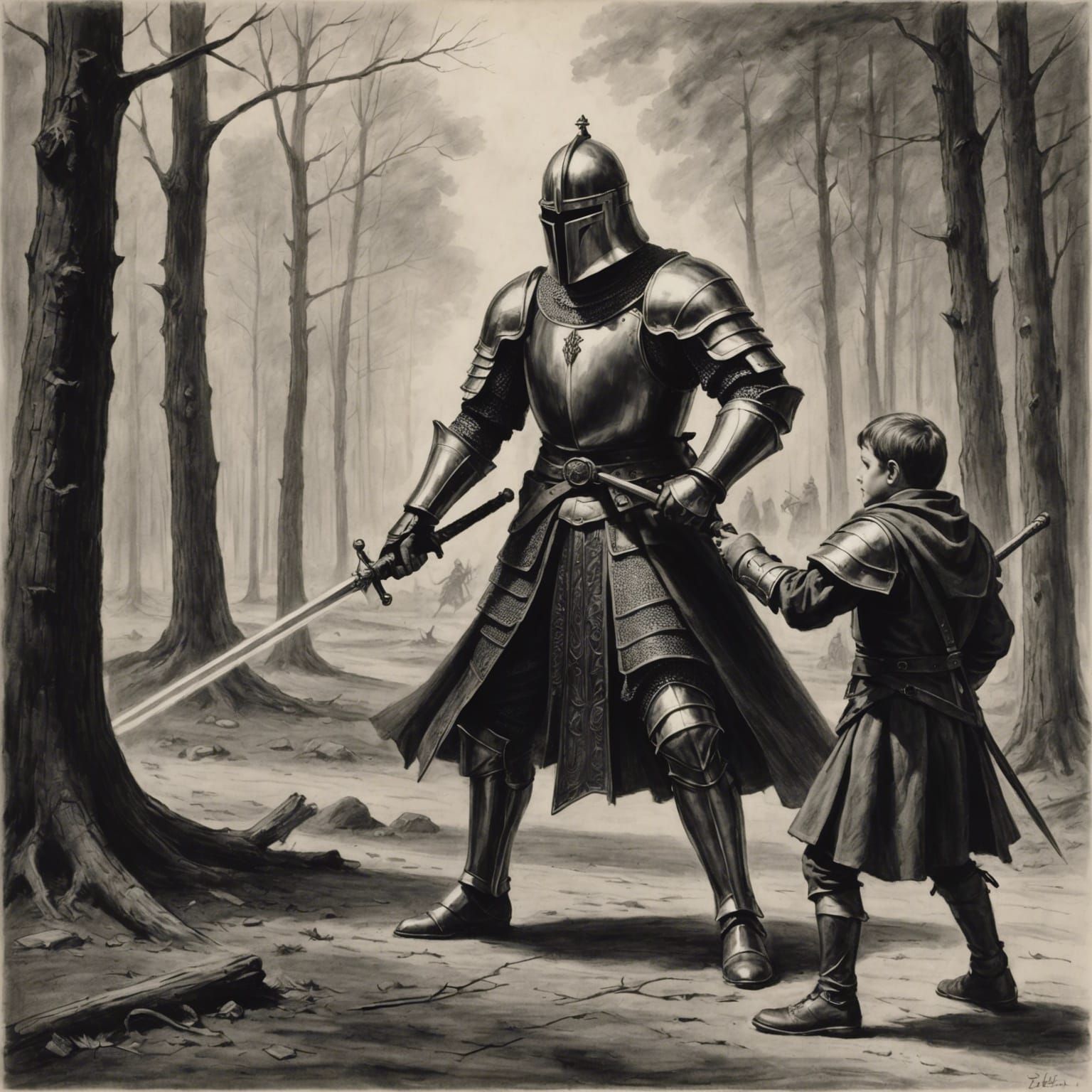 Knight and Squire Duel: Charcoal Sketch