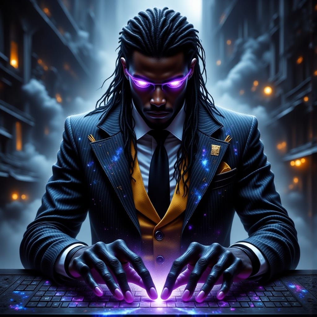 Cyberpunk Hacker Kingpin in Charcoal Suit with Neon Circuitr...