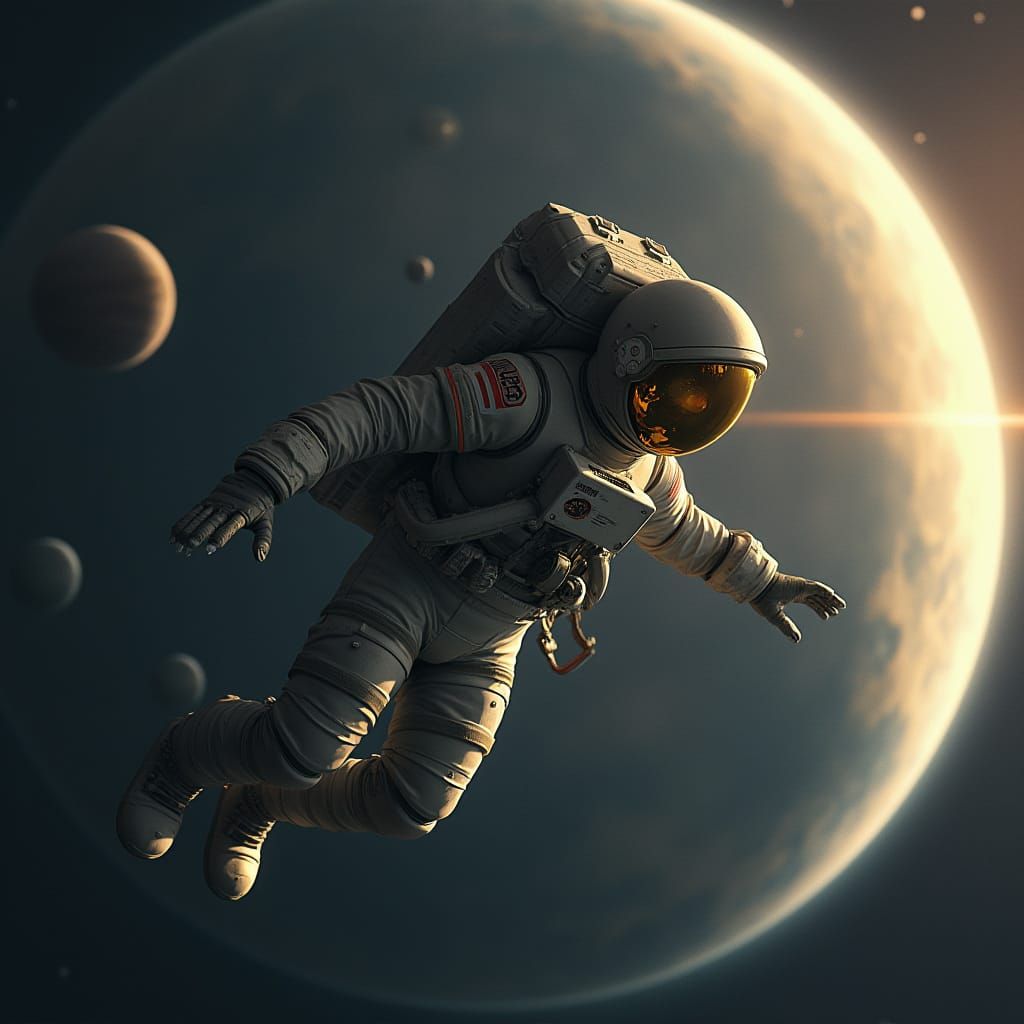 Cosmic Voyager in Metallic Spacesuit