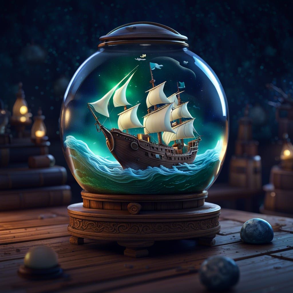 Medieval Ship in Crystal Ball with Aurora, Matte Painting