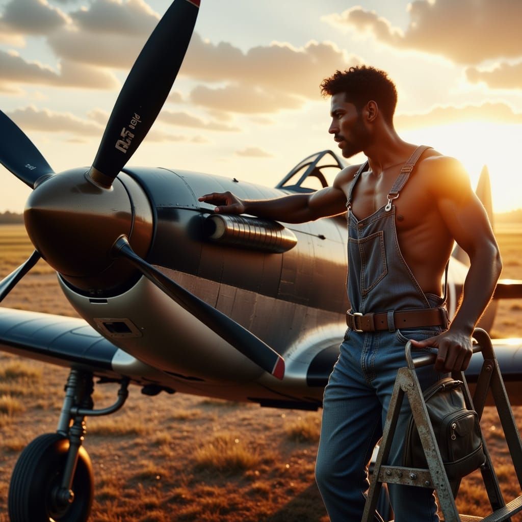 Spitfire Sunset: British Airfield Scene in Super Hyperrealis...