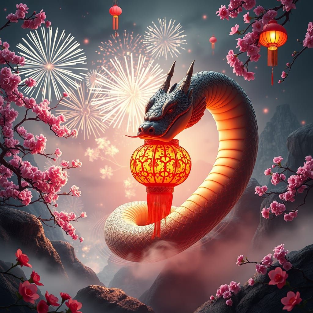 Majestic Serpent Coils Around Glowing Lantern in Lunar New Y...