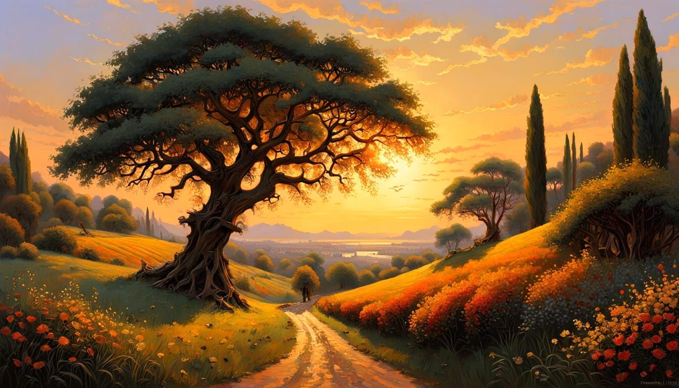 Romantic Landscape Painting in Impressionistic Style