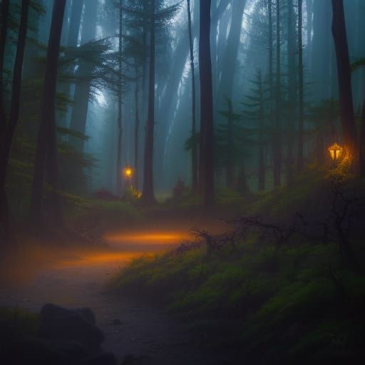 Twilight Forest at Dusk: A Creepy Fantasy Scene