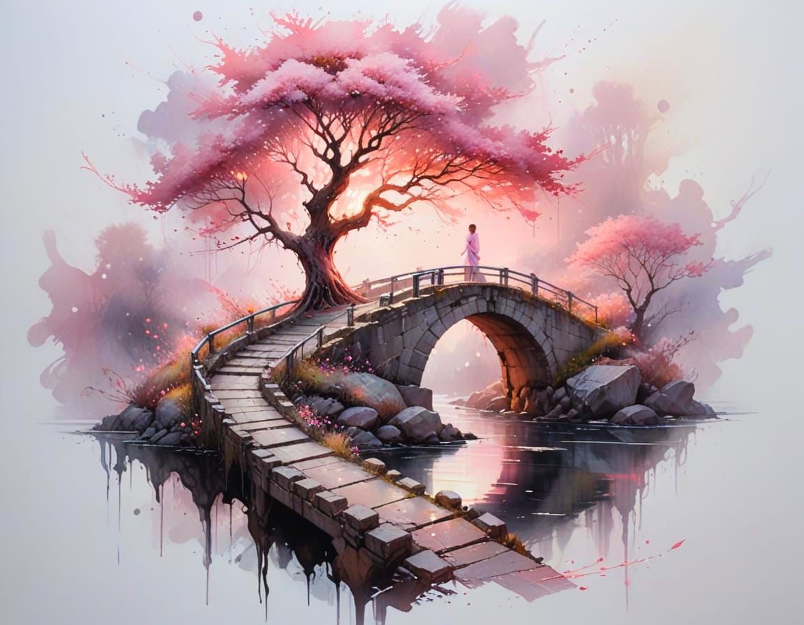 Surreal Stone Bridge to Labyrinth in Ethereal Watercolor Sty...