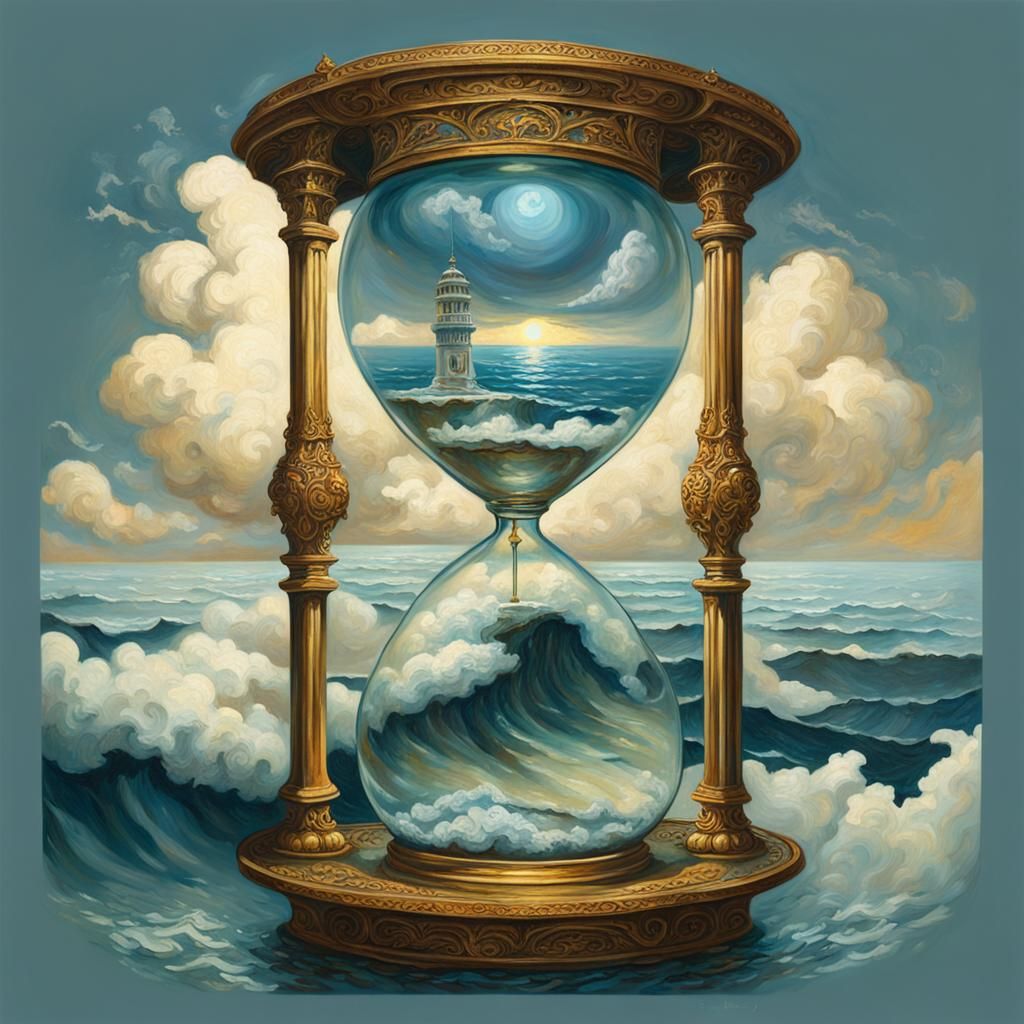 ornate art nouveau hourglass full of clouds and lightening i...