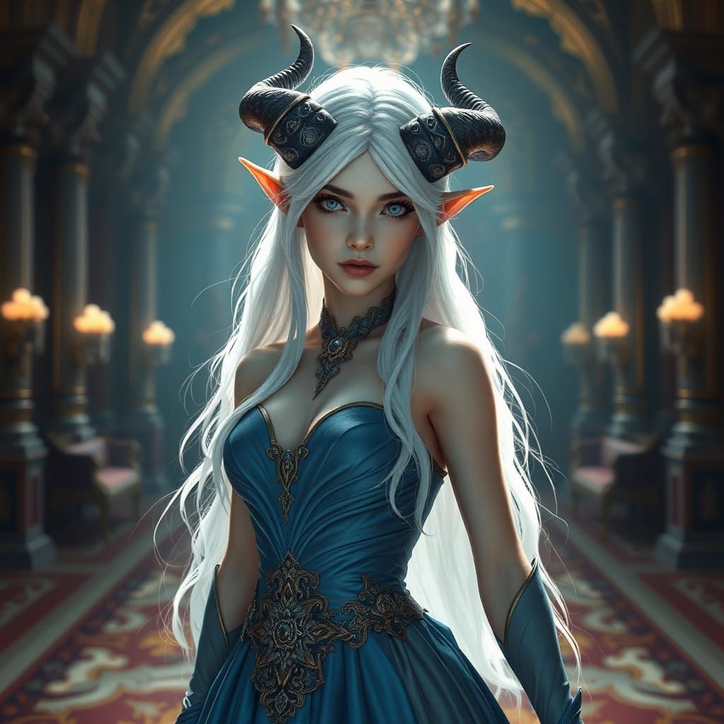 Elven Woman in Blue Gown in Ballroom