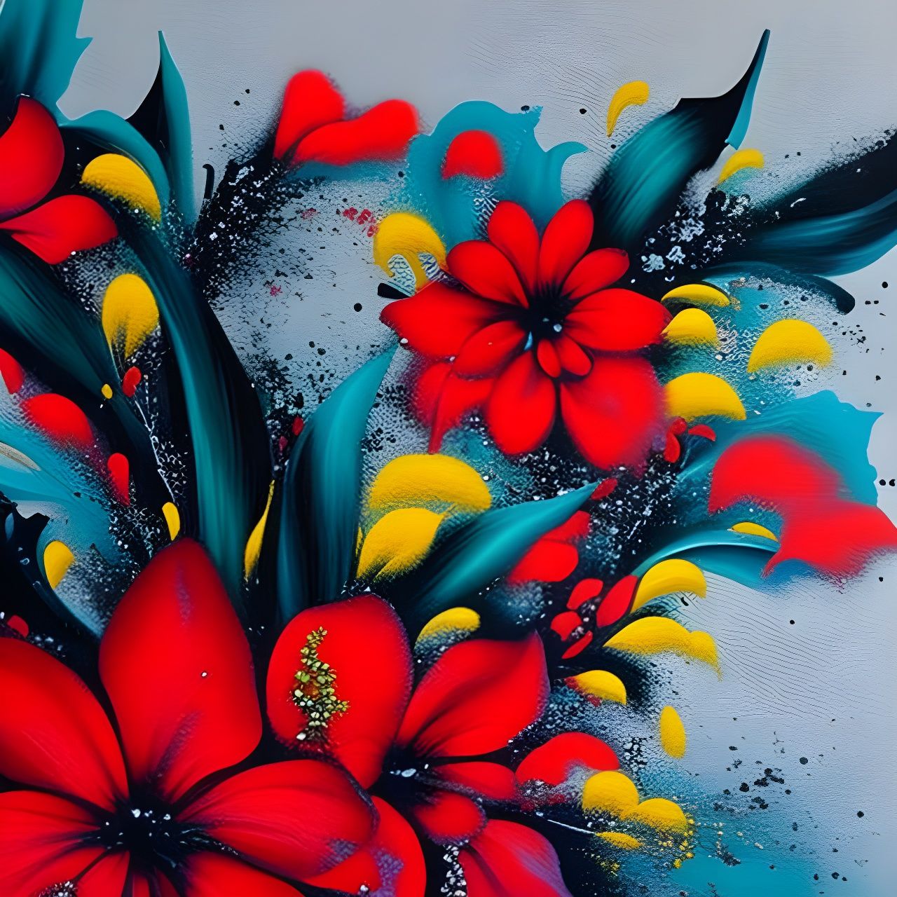 raining black and red flowers over the vity graffiti art, splash art, street art, spray paint, oil gouache melting, acry...