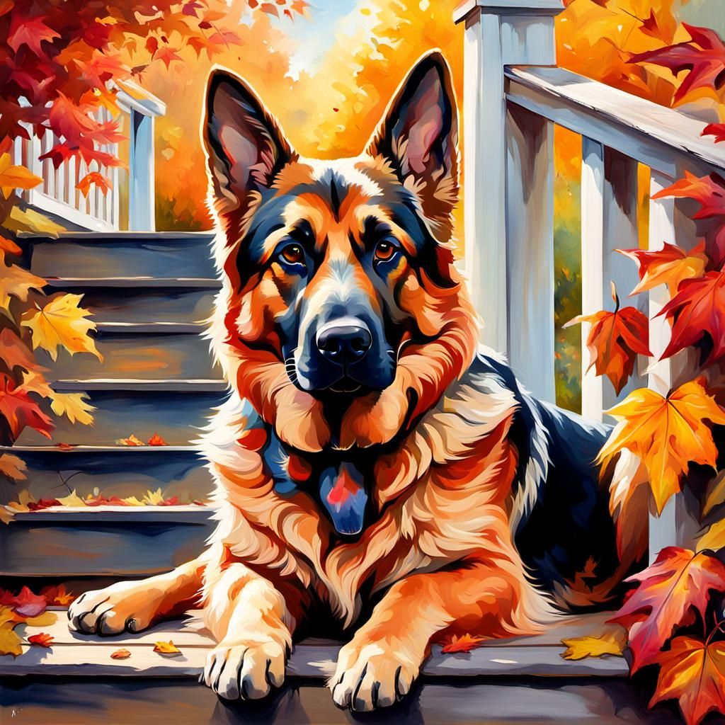 German Shepherd on Porch in Vibrant Digital Painting