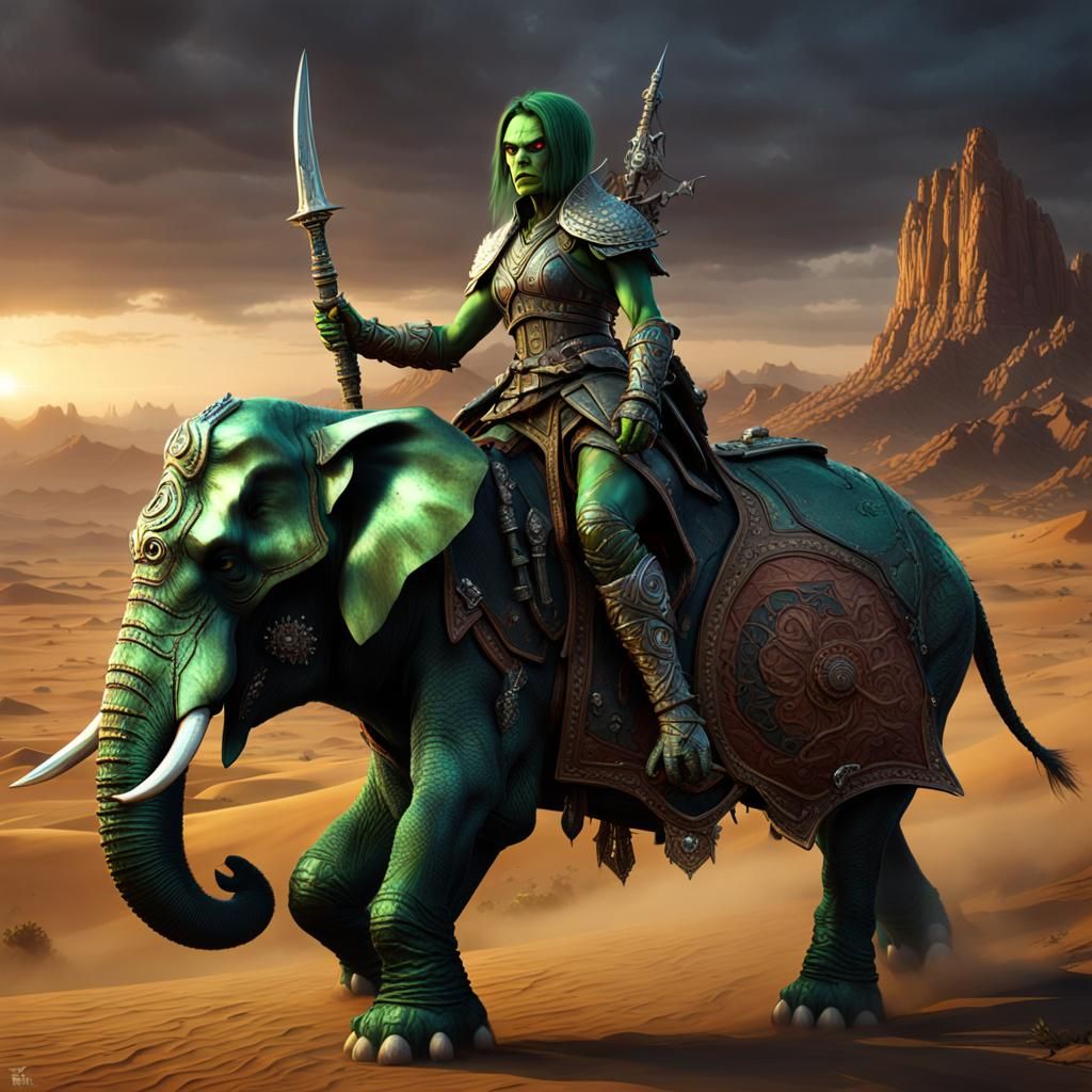 Green Goblin Demon on Elephant: Dark Fantasy Concept Art