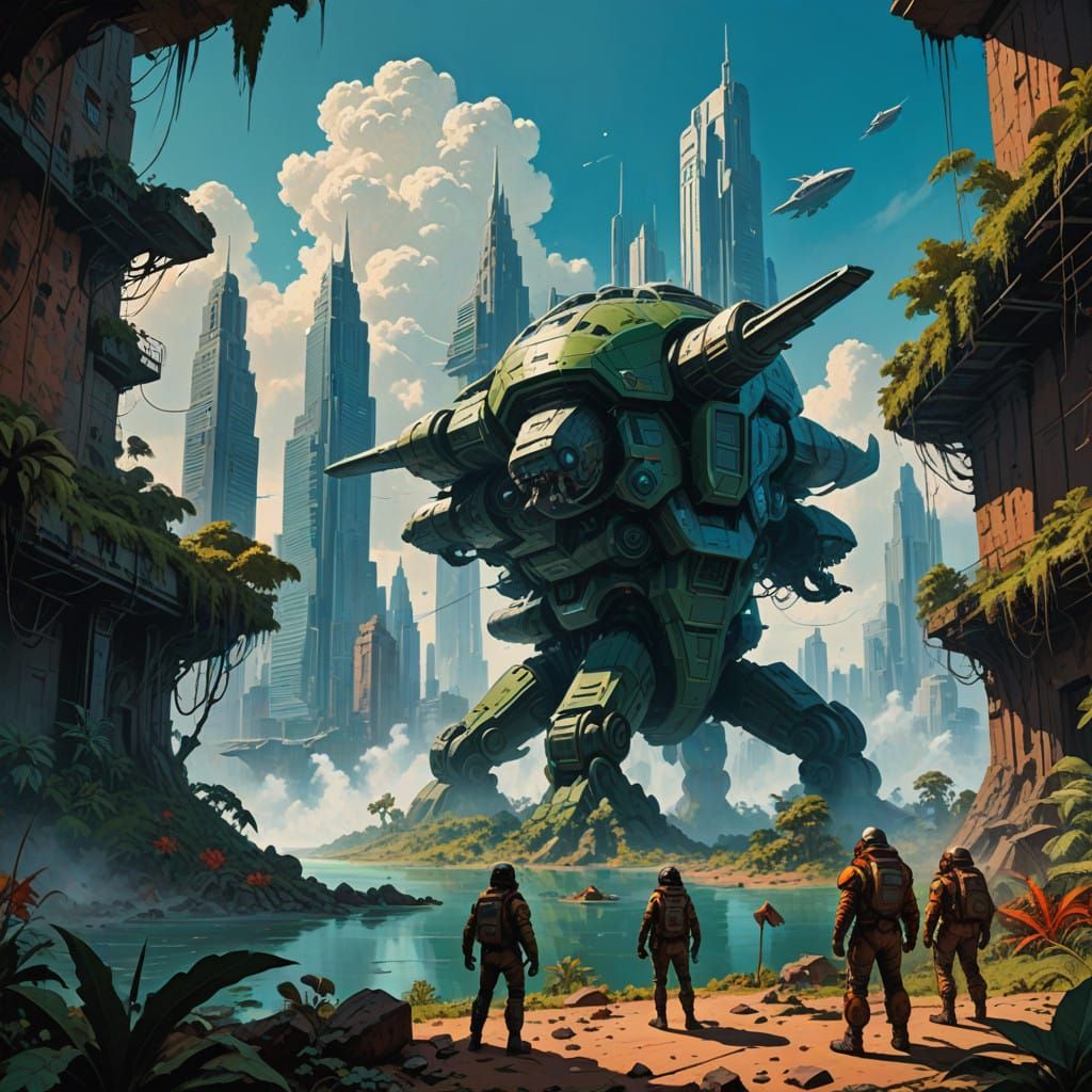 primeval jungle under clear blue skies. futuristic metropolis with tall buildings and spaceships flying around. little g...