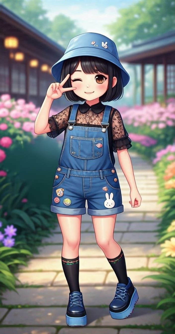 Kawaii Thai Woman in Summer Garden with Teahouse