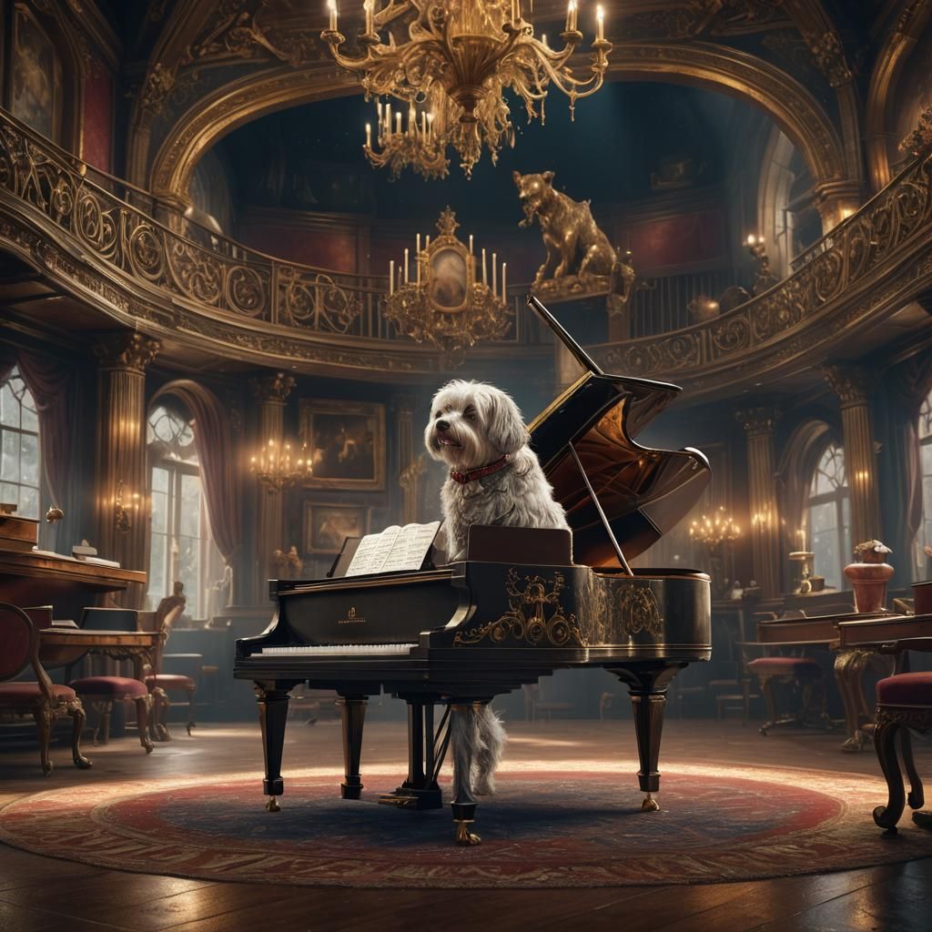 Bolognese Dog Plays Piano: Detailed Matte Painting