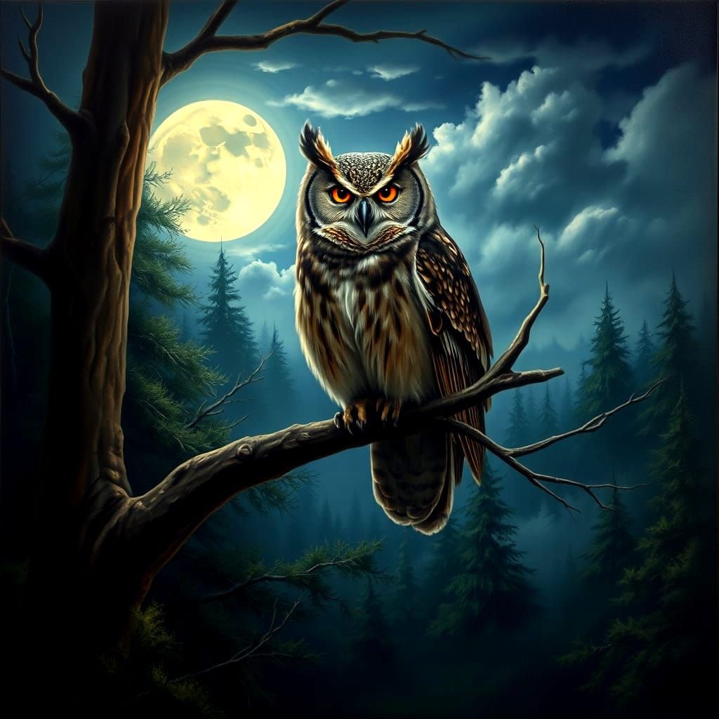 Wise Owl in Moonlit Forest, Oil Painting