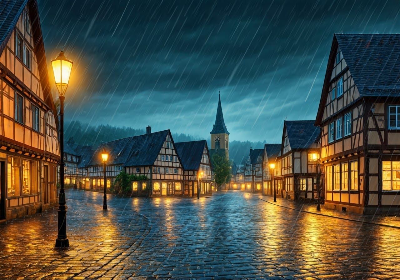 Misty German Town in a Torrential Downpour, in a Moody Paint...