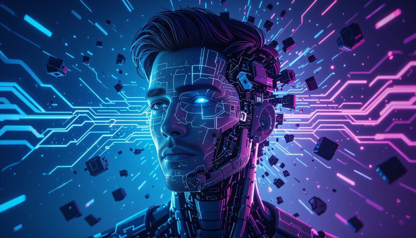 Male Portrait Disintegrating into Robotic Parts