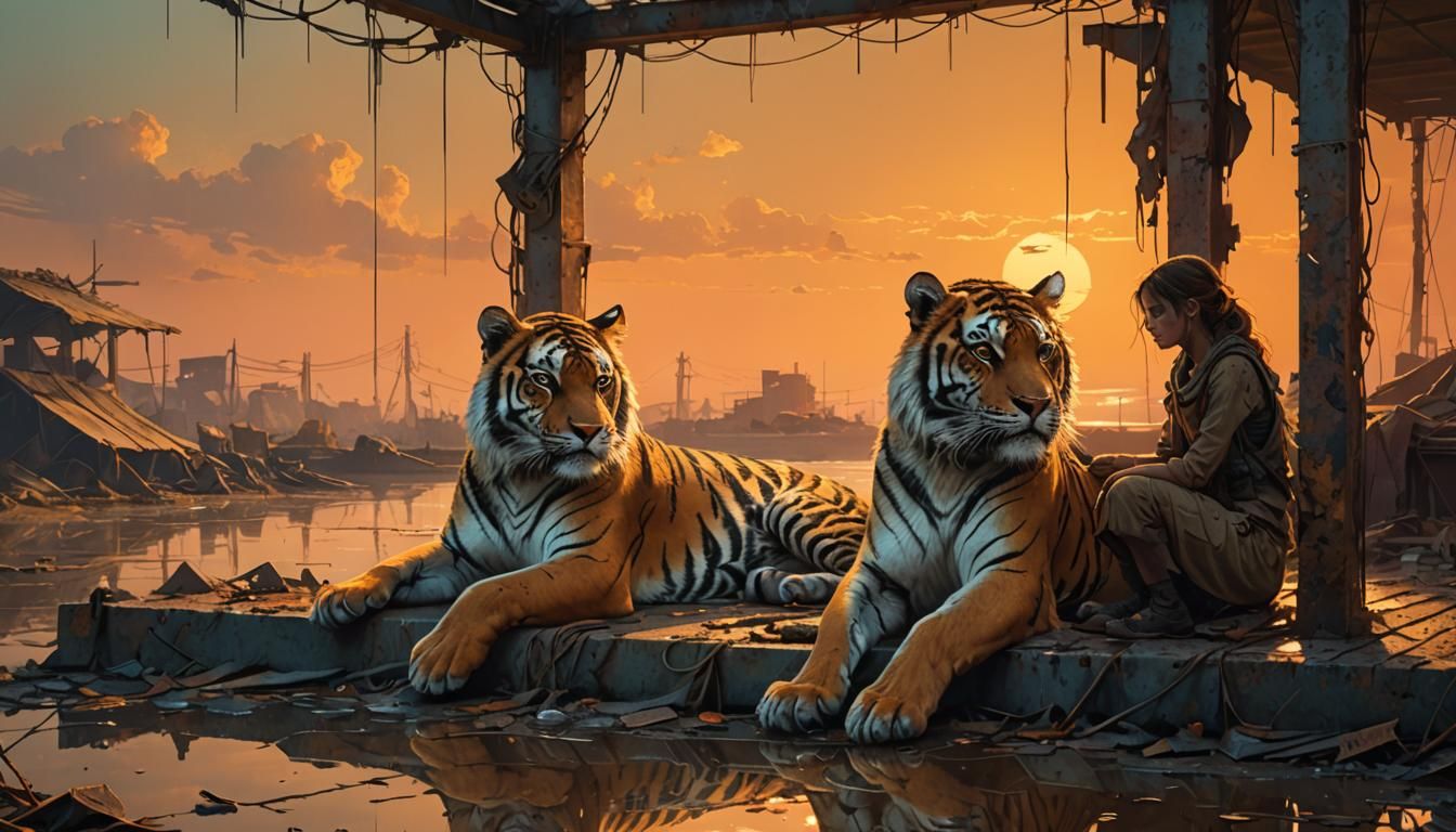 Post-Apocalyptic Girl and Tiger in Sunset Light