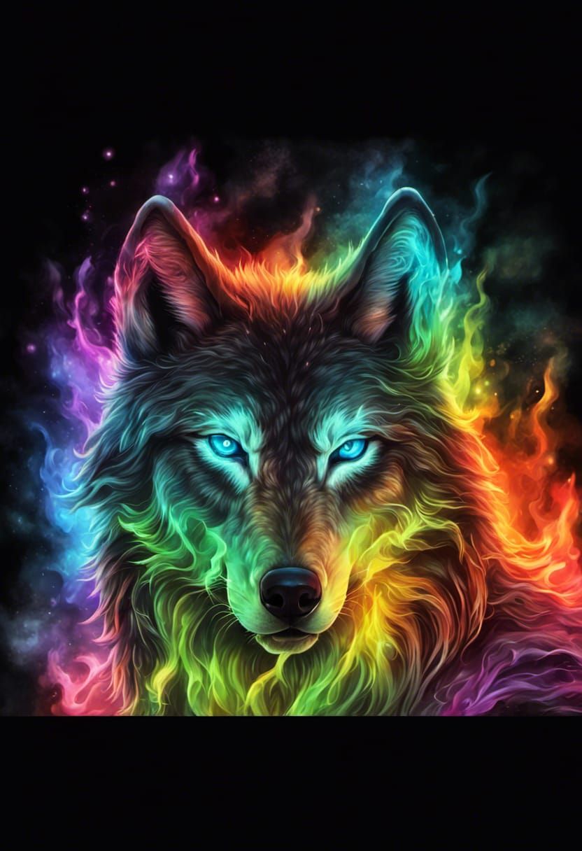 Colorful Fire Wolf Portrait with Glowing Eyes