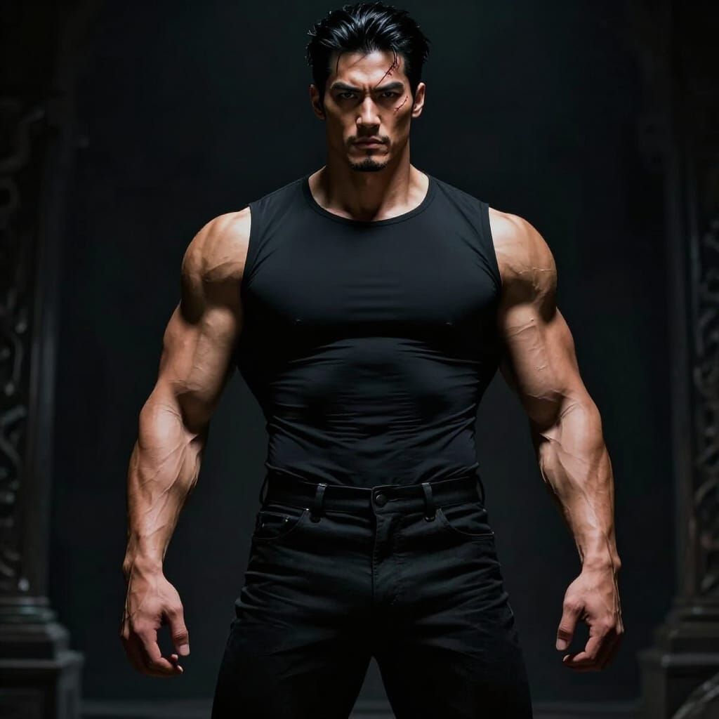 Muscular Asian Warrior with Scar in Dark Fantasy Style