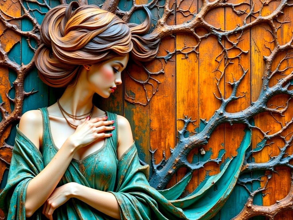 Ornate Wooden Female Statue in Dark Oil Paint Style