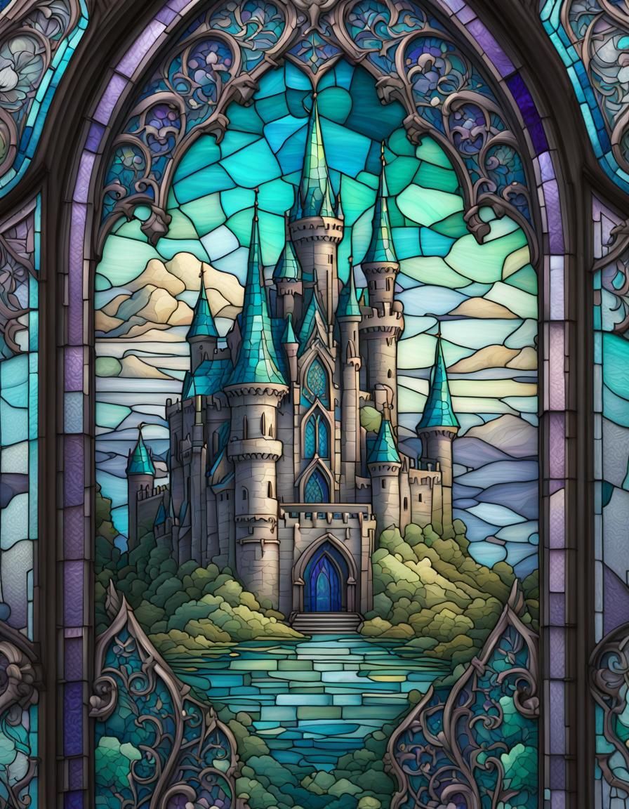 Ornate Gothic Stained Glass Castle Panel