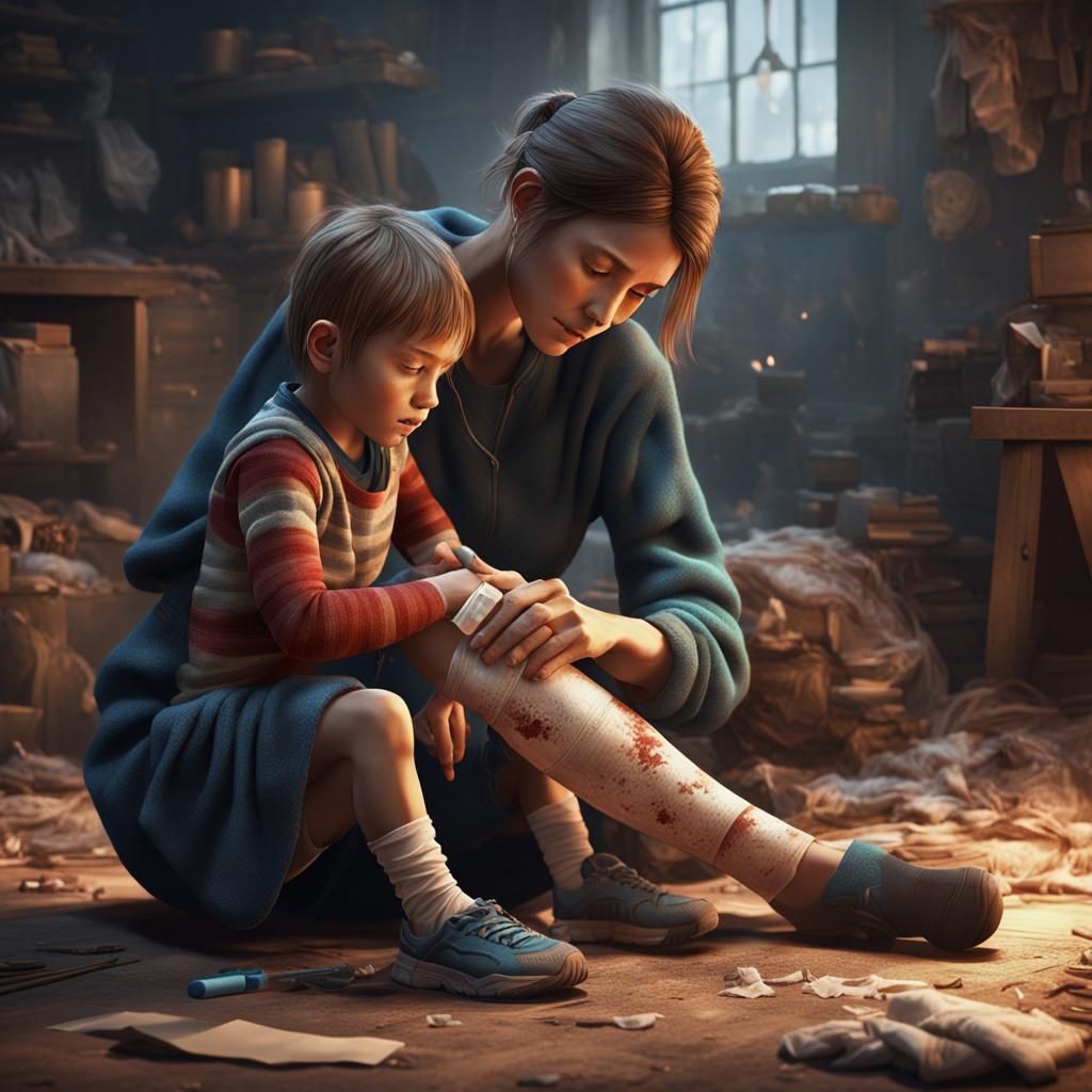 A mother bandaging her child's scraped knee, offering comfort with gentle words and kisses