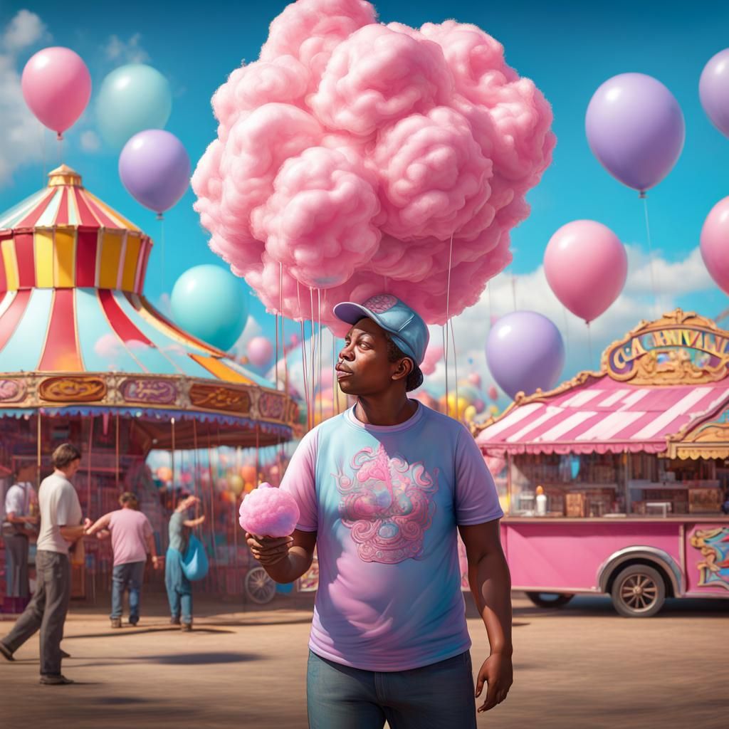Hyperrealistic 3D Cotton Candy Vendor at Carnival