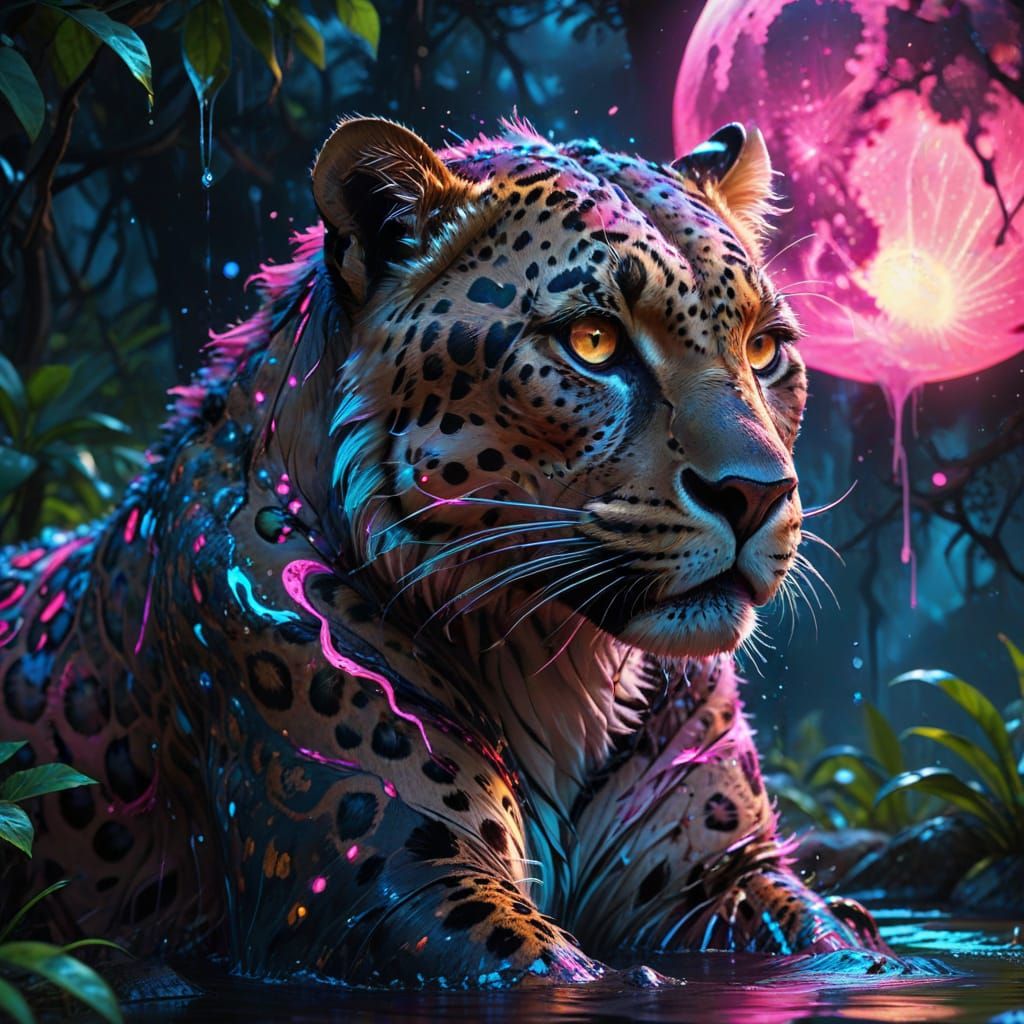 Majestic Neon Leopard Drinks from Glowing Waterhole