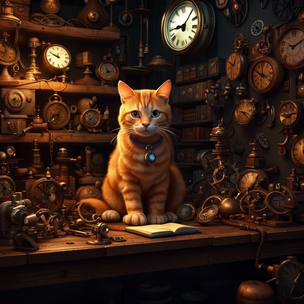Ginger Tabby Cat Among Clocks in Cosy Workshop