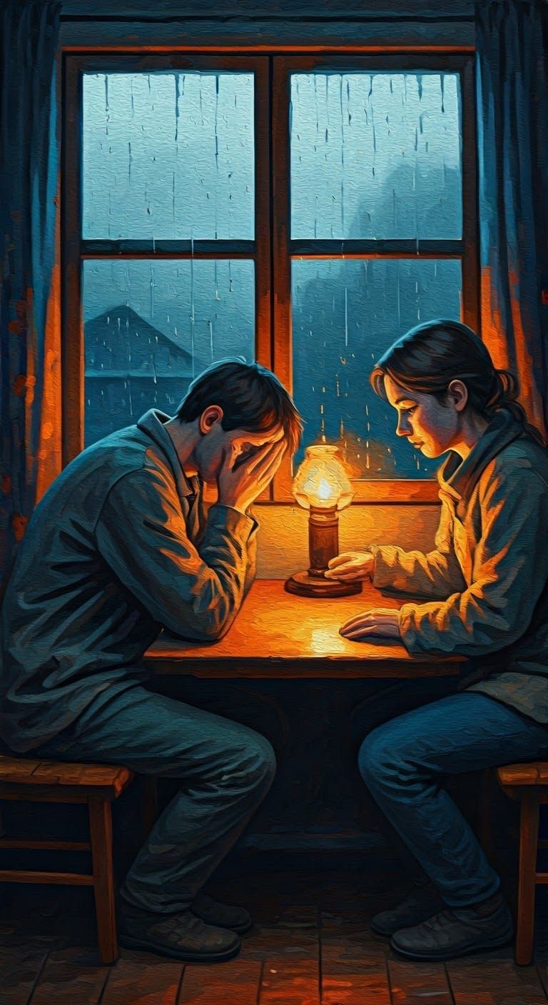 Sorrowful Figure in a Muted Room, Comforted by a Friend