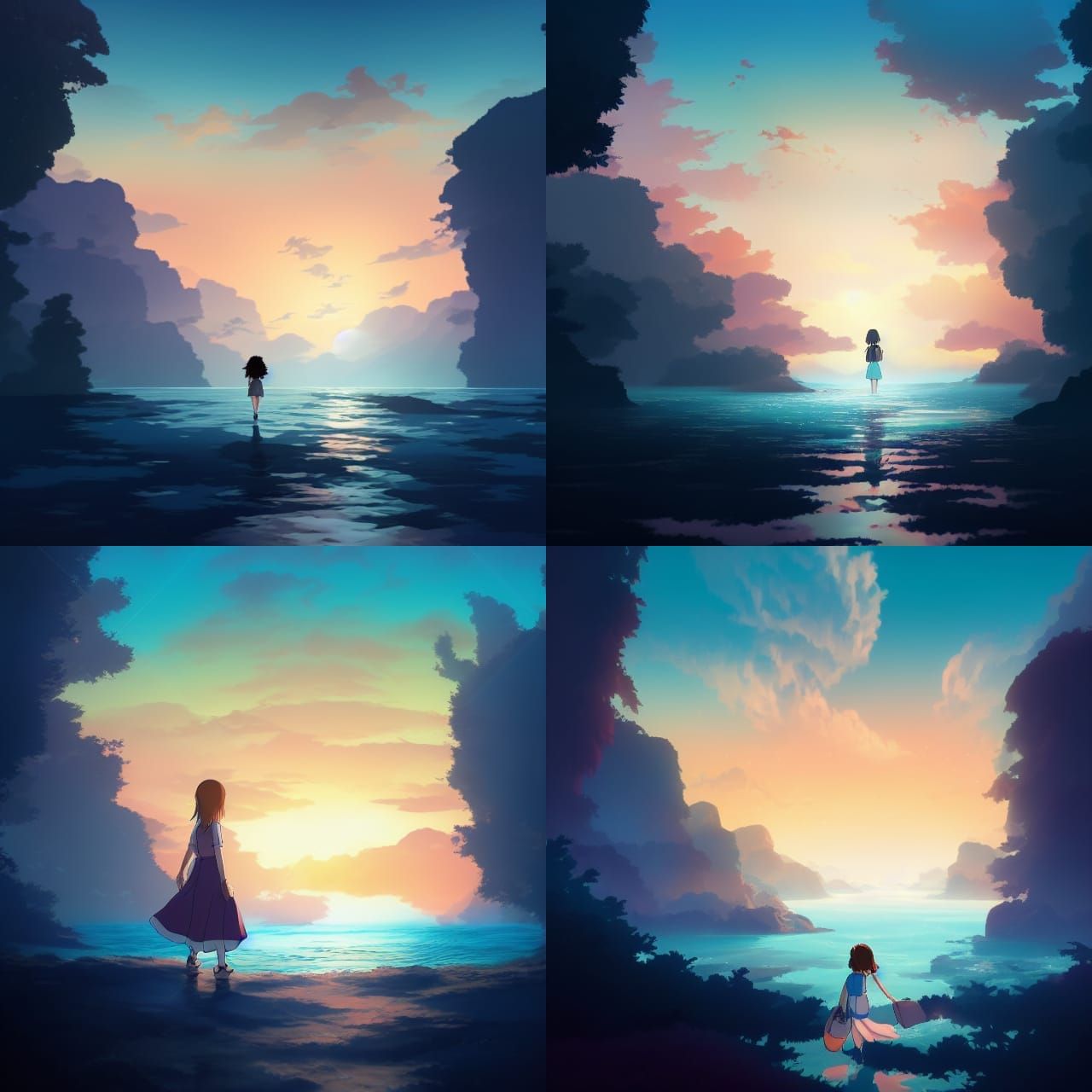 Ghibli Girl Walks Toward Fantasy Seascape