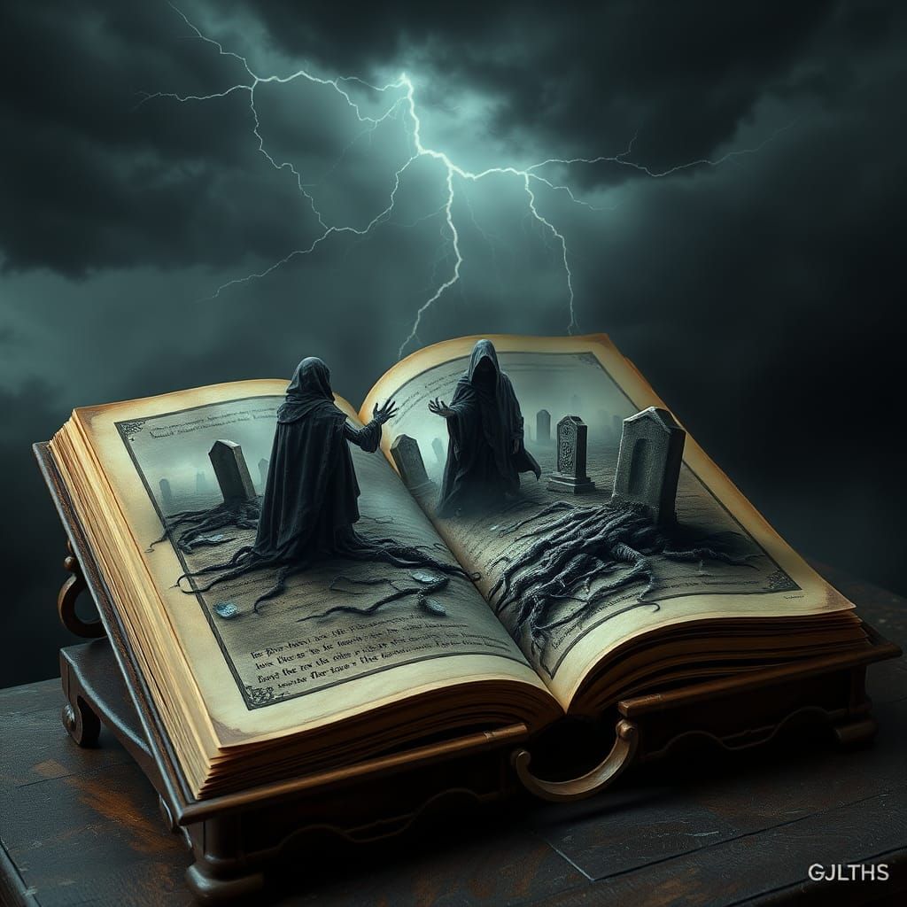 Eerie Graveyard Scene Emerging from Antique Book